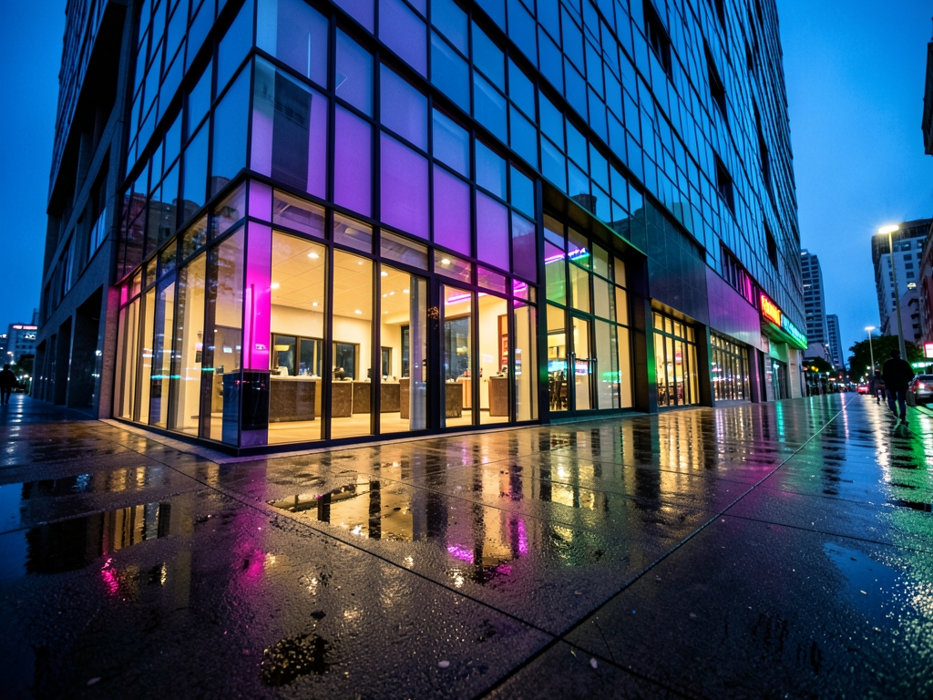 Twilight view sleek hotel façade reflecting neon city