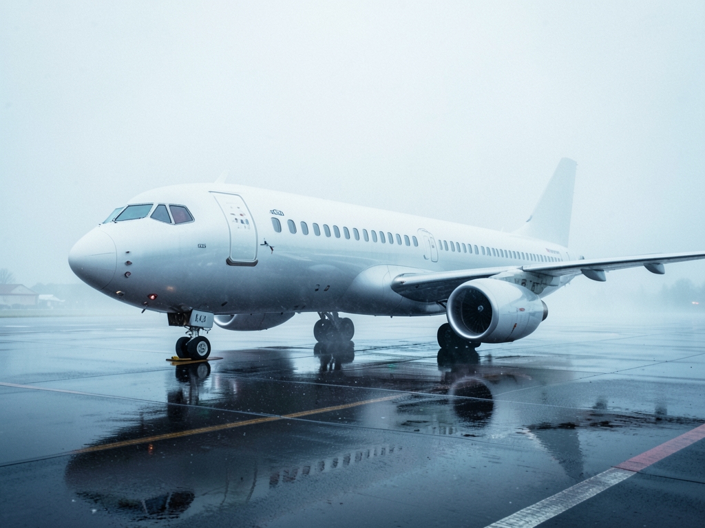White budget airliner parked rain slicked tarmac under overcast