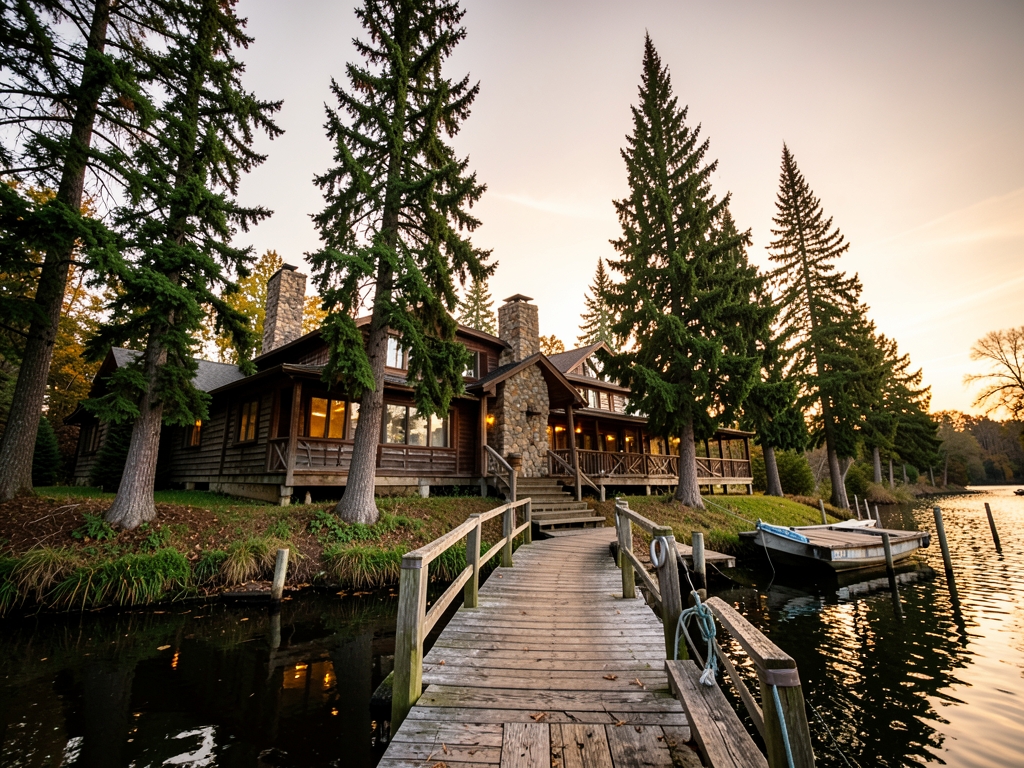 Lakefront rental home with wooden dock cypress trees