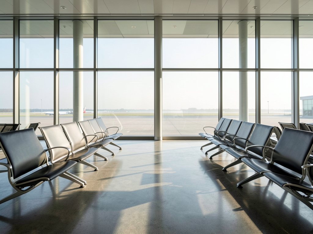 Sunlit airport departure hall with floor to ceiling glass empty