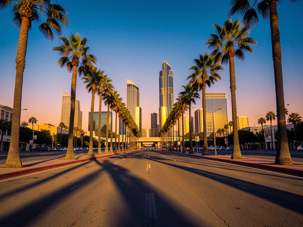Palm lined boulevard stretching toward downtown Angeles sunset palm