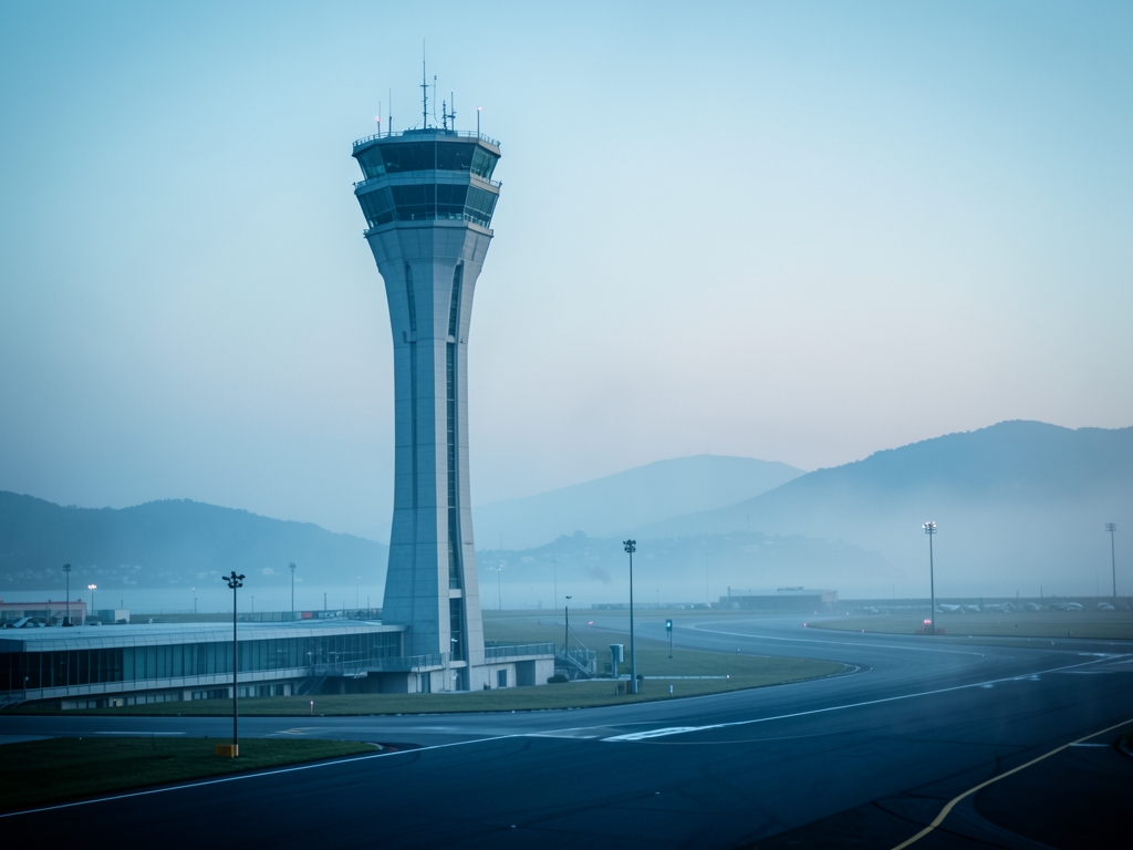 Panoramic scene sleek airport control tower rising above