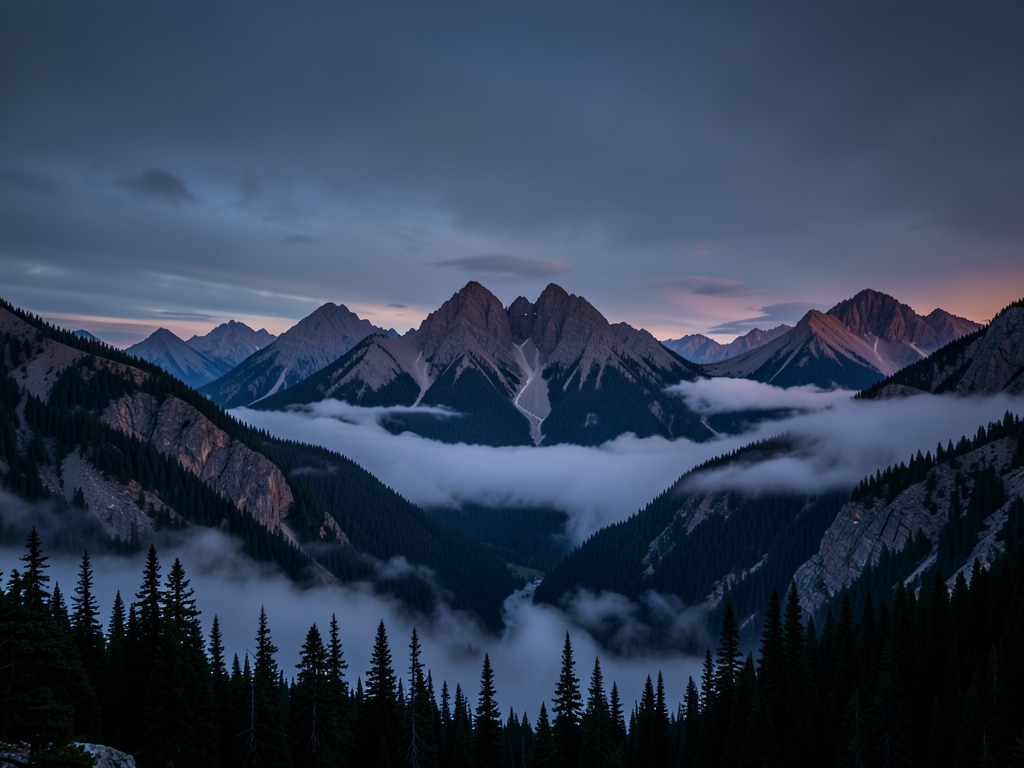 Misty twilight settling over evergreen draped peaks Cascade Range