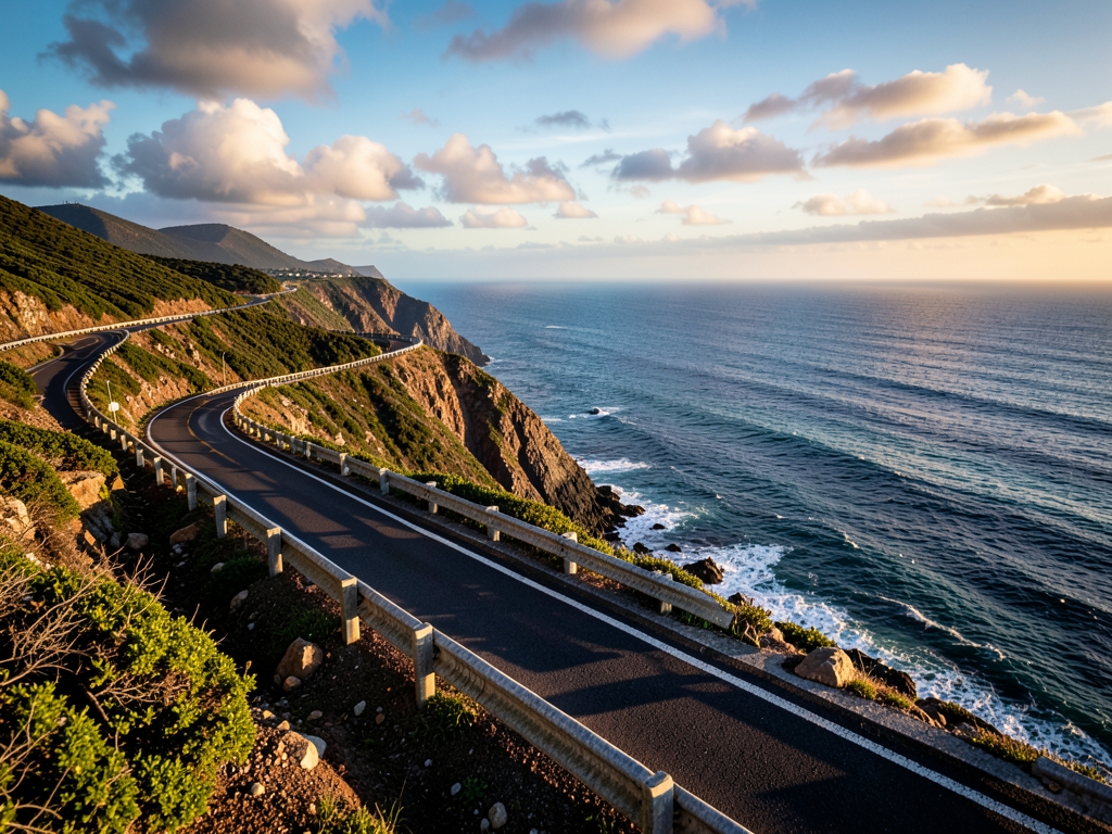 winding cliffside highway above Pacific Ocean soft afternoon