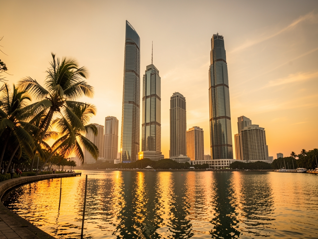 Golden sunset over Manila with modern towers palm