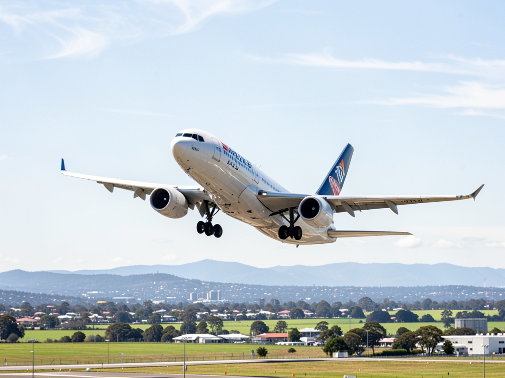 Wide body aircraft lifting over flat western Sydney plains