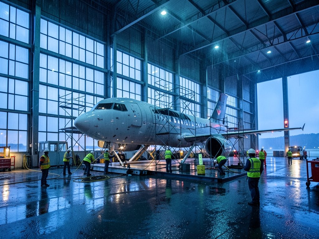 Vast aircraft maintenance hangar dusk narrow body resting under