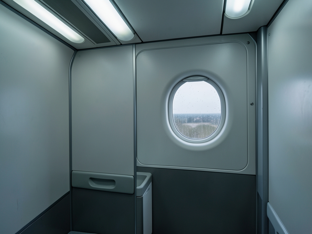 Empty aircraft lavatory interior with soft overhead panel