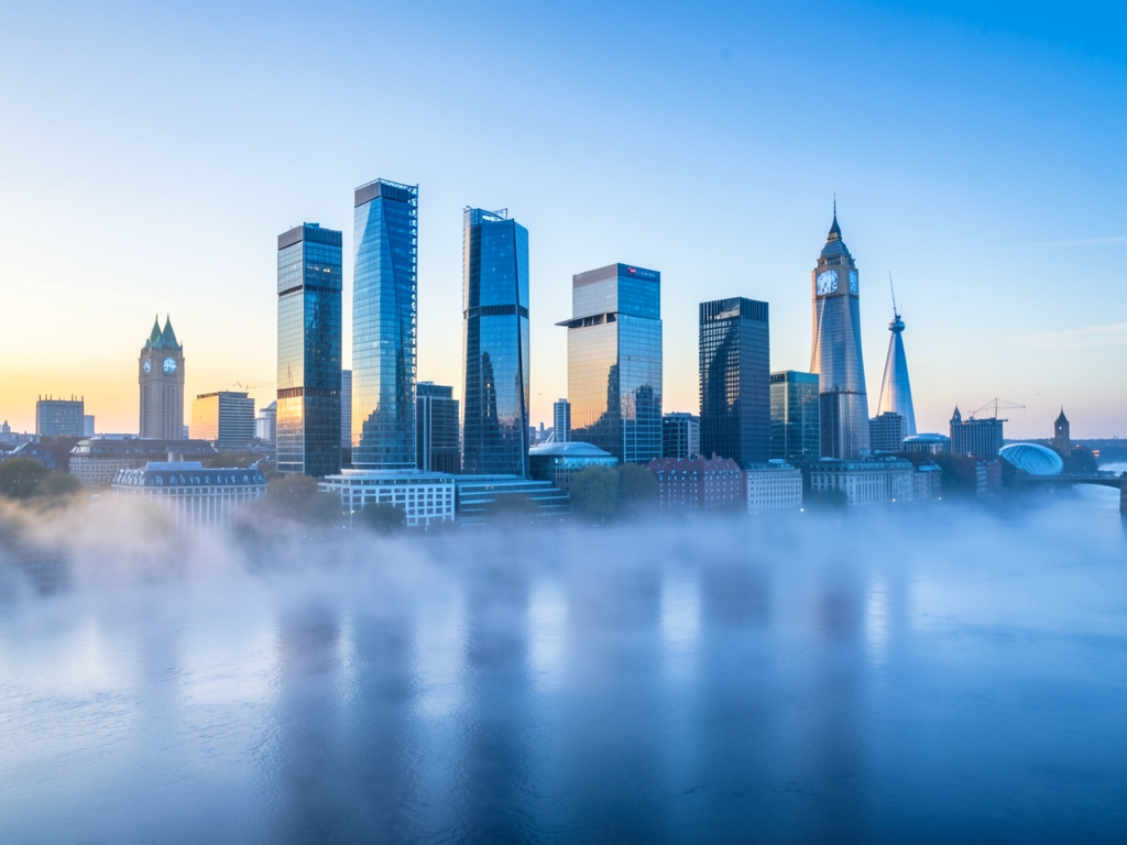 London Thames skyline dawn with glass towers pale