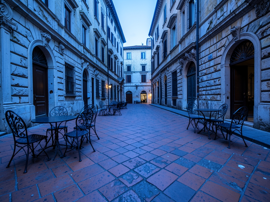 quiet Roman piazza before dawn weathered terracotta paving