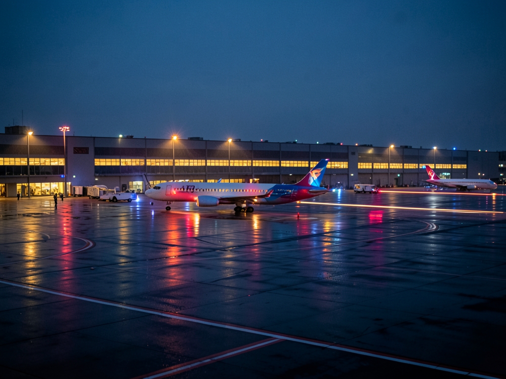 dimly lit rain slicked airport tarmac twilight reflects warm