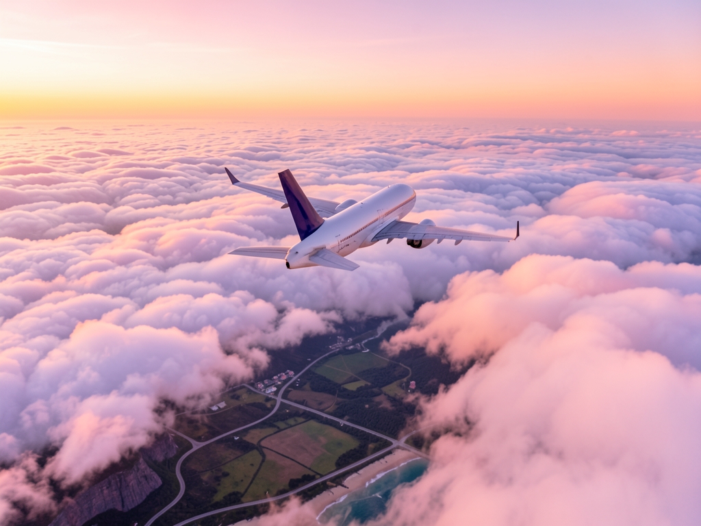Aerial view commercial airplane climbing above layered clouds