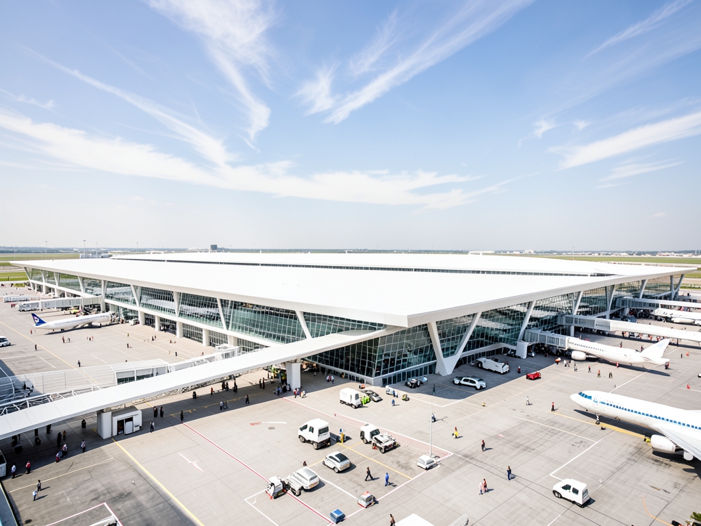 Sun drenched aerial view modern airport terminal with sweeping