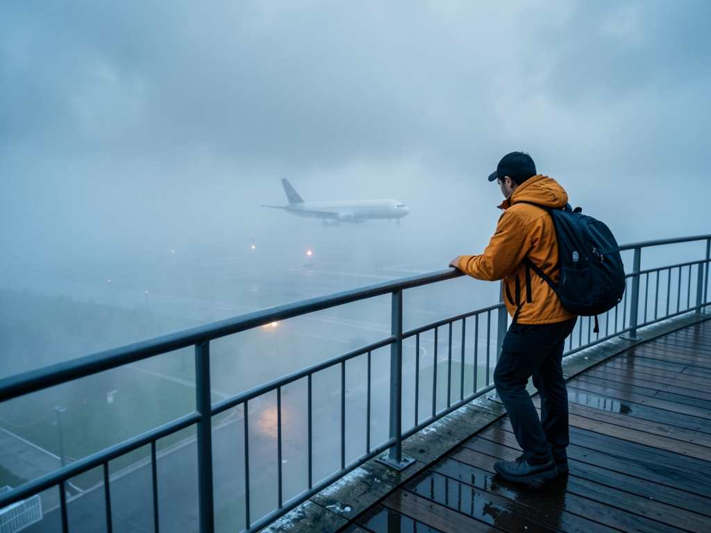 solitary traveler stands observation deck overlooking foggy runway
