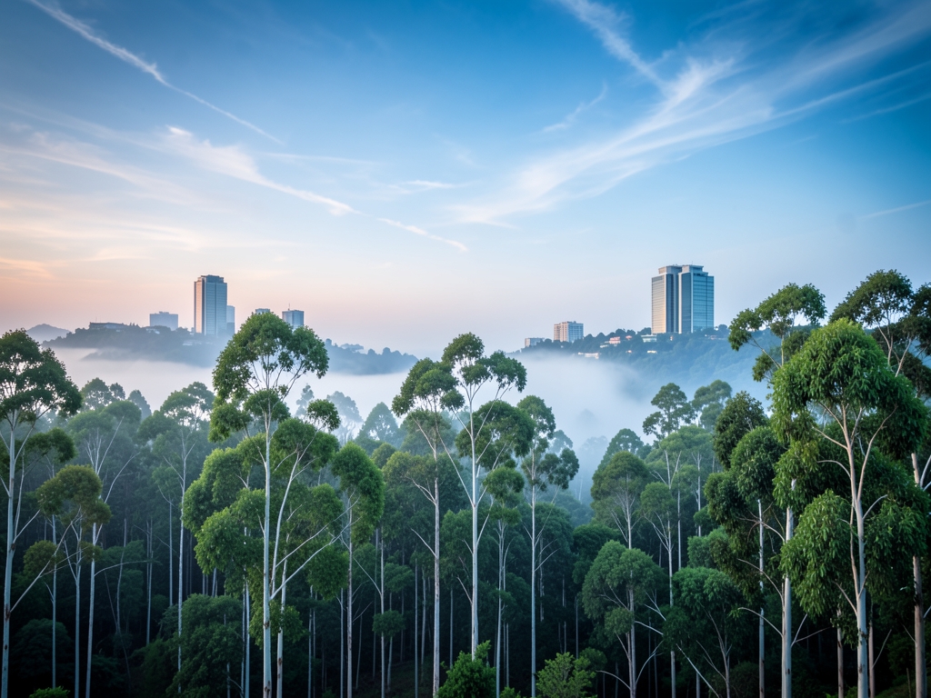 Misty green highlands above Addis Ababa dawn with