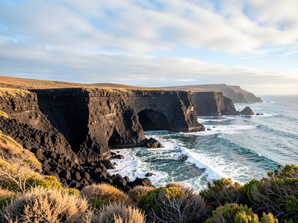 Canary Islands volcanic coastline soft winter daylight black