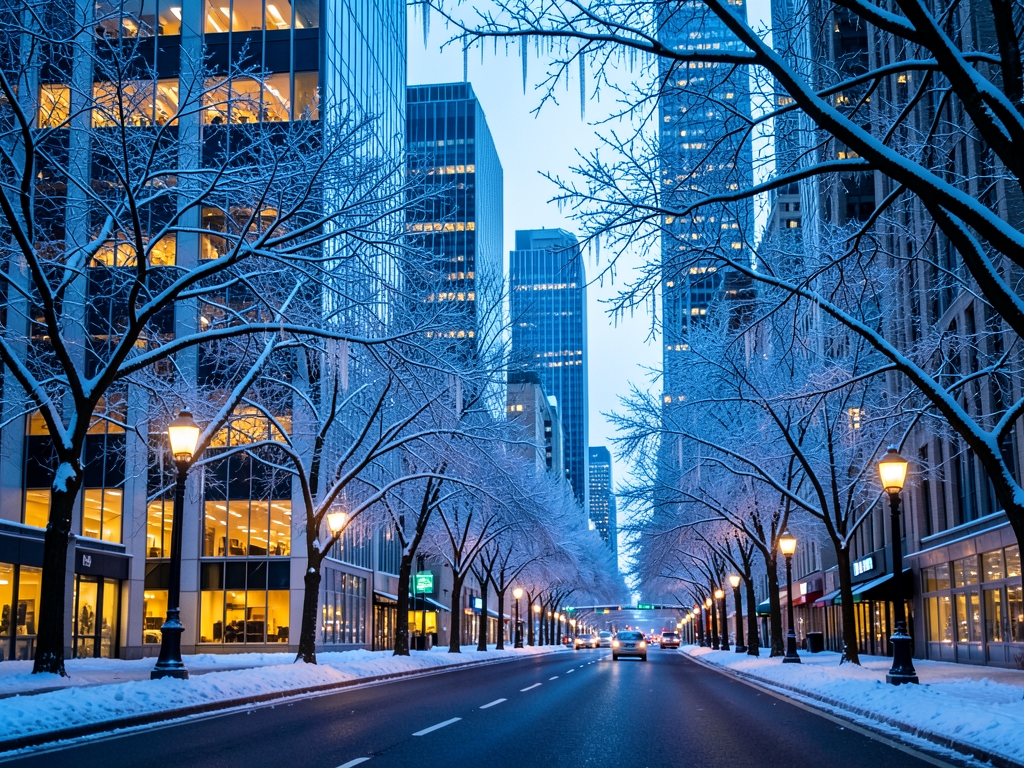 winter journey from along quiet Manhattan roadway snow lined