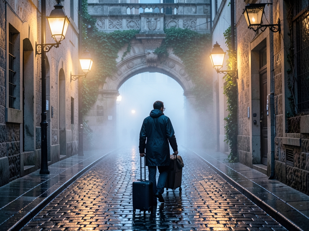 rain slicked cobblestone alley European city dusk lone traveler