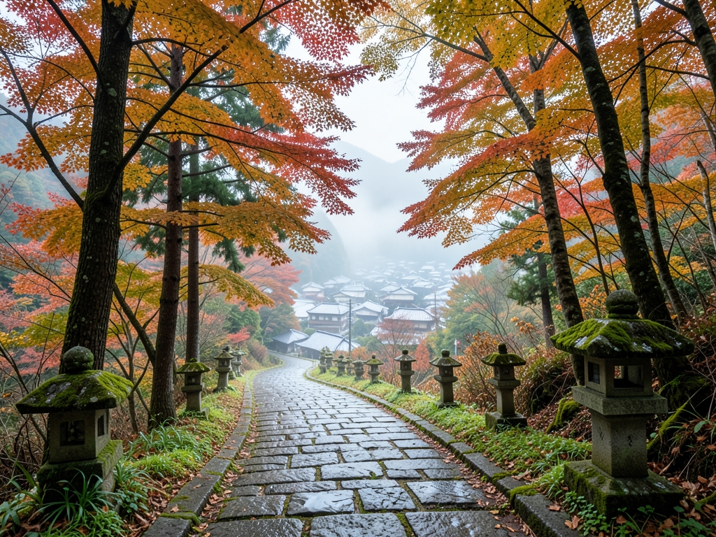 quiet mountain path leading rural village near Yamagata