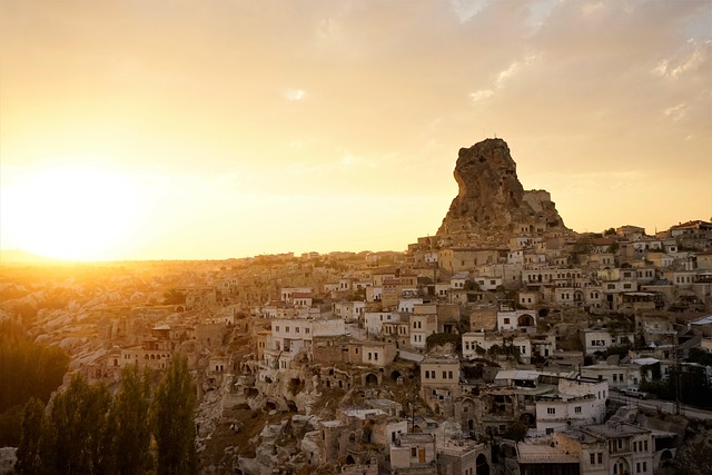 ortahisar castle tower urban houses nature city architectural sunset emergency turkey nevşehir sky cappadocia trip touri