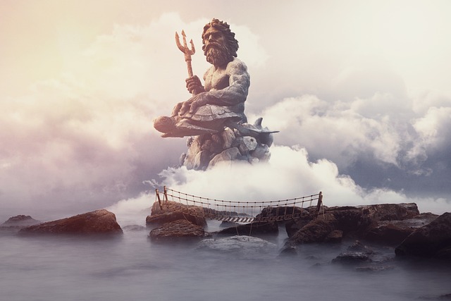poseidon fantasy fantasy landscape statue sea rocks sky clouds dream mystery mysterious legend nature composing book cov