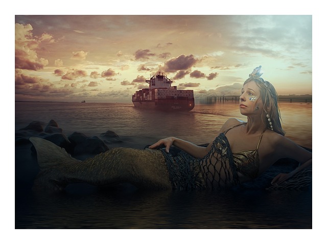 siren nature mermaid fantasy legend mythology magic tail sea rocks ship sky light woman girl young beauty model mystery