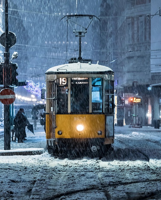tram snow winter night nature transportation Milan Italy Lombardy