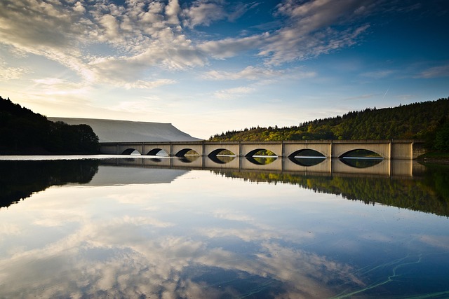 reservoir bridge countryside lake water water reflection scenery scenic nature peak district peak district national park