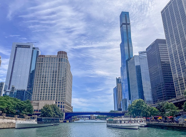 chicago architecture urban boat bridge river skyscraper United States Chicago Illinois