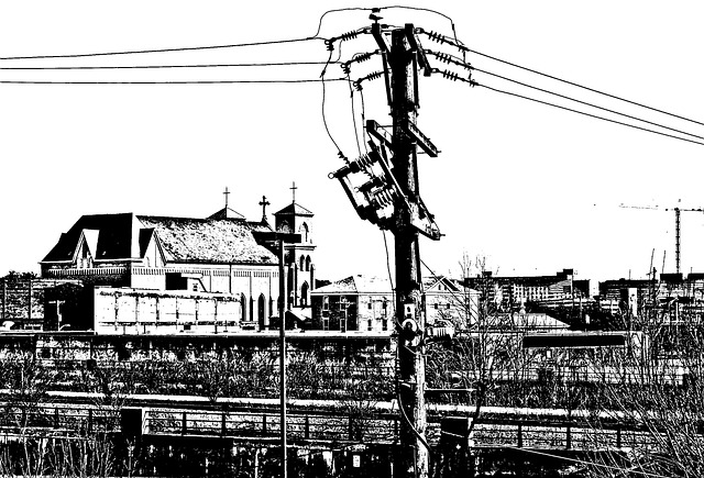 urban, city, dayton, ohio, church, electric, wires, gray church