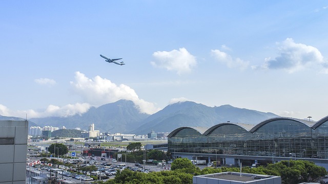 airport, architecture, high altitude, athletic track, sky, nature, dusk, hongkong, airplane, ngong ping, wing, city, view, views, cloud, mountain, road