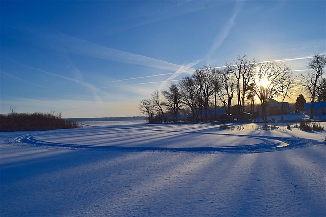lake, sunrise, frozen, winter, snow, landscape, trees, sunlight, frost, dawn, nature, ice, cold, white, solitude, blue, peaceful, culver lake, new jersey, outdoor, horizon, scenic, morning, shadows