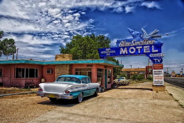 tucumcari, nature, new mexico, motel, car, old, automobile, travel, transportation, hdr, classic, vintage, antique, oldster, sky, car wallpapers, clouds, blue car, blue travel, blue news, blue vintage, blue old, blue new