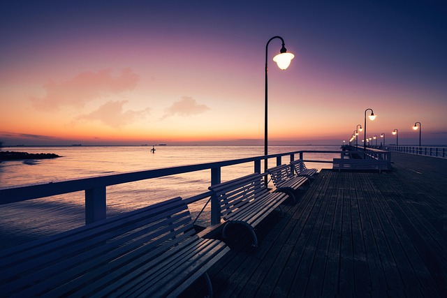 baltic sea, sunset, poland, colours, sunrise, pier, lamps, nature, street lamps, gdansk, gdynia, sea, beach