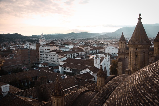 cathedral, church, towers, building, cuenca, outlook, architecture, ecuador, mountains, nature, historic center, city view, horizon, dome, urban, city