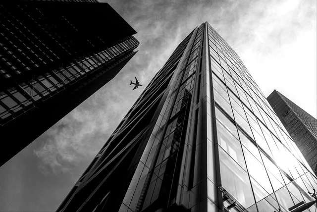 london, uk, reflection, glass, nature, sun, light, summer, mono, city, skyscraper, building, plane